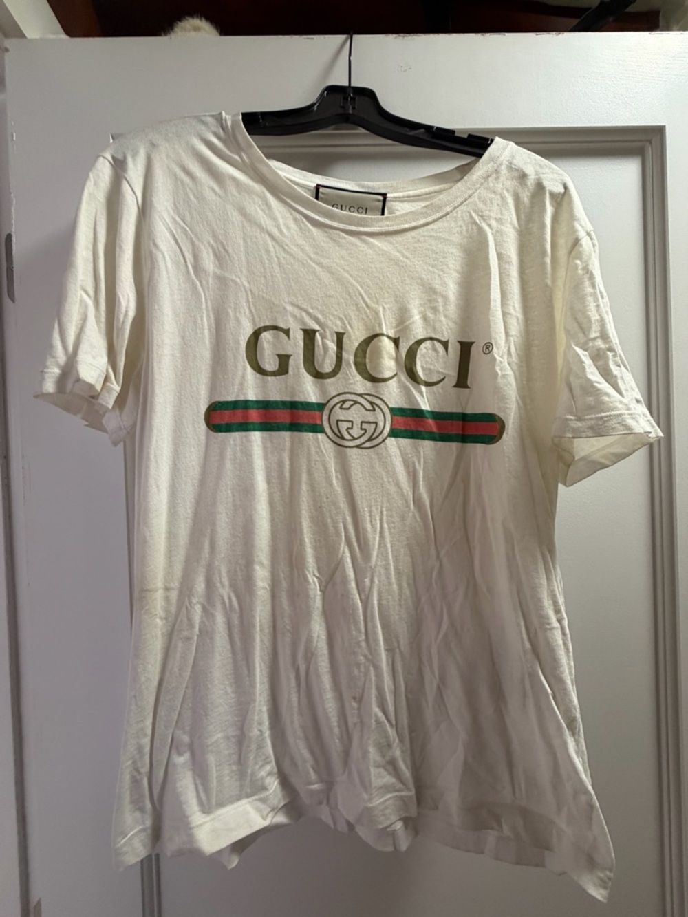 Gucci Cream Logo Tee with Black Trim and Red Stitch Accents